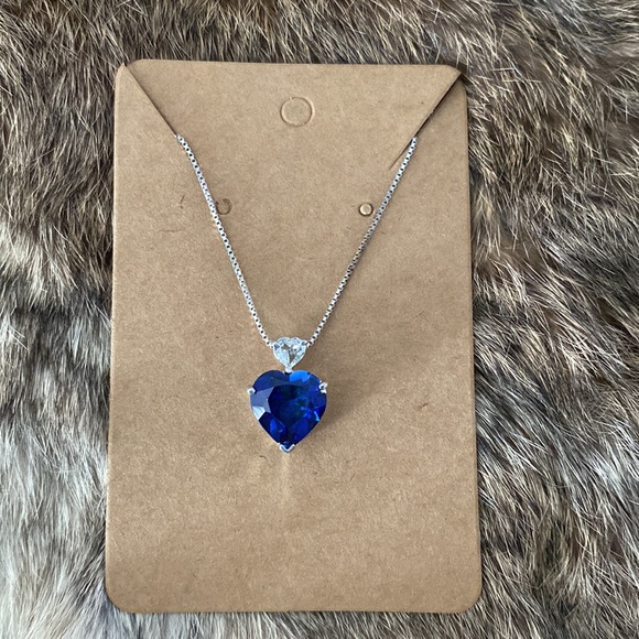 Sterling Silver Sapphire & White Topaz Heart Pendant Necklace. - Picture 2 of 10